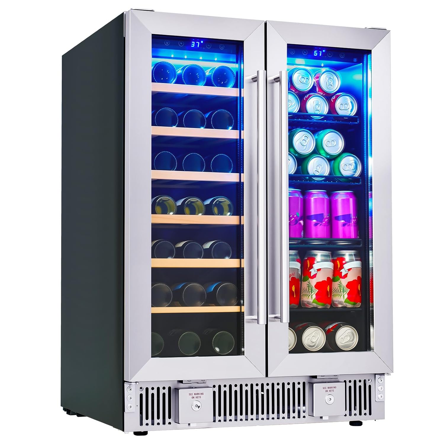 Wine Beer Fridge Dual Zone - 飲料用冷蔵庫、24インチデュアルゾーンワイン・ビール冷蔵庫（ガラス扉付き）、自立型/カウンター下設置型クーラー、カスタマイズ可能