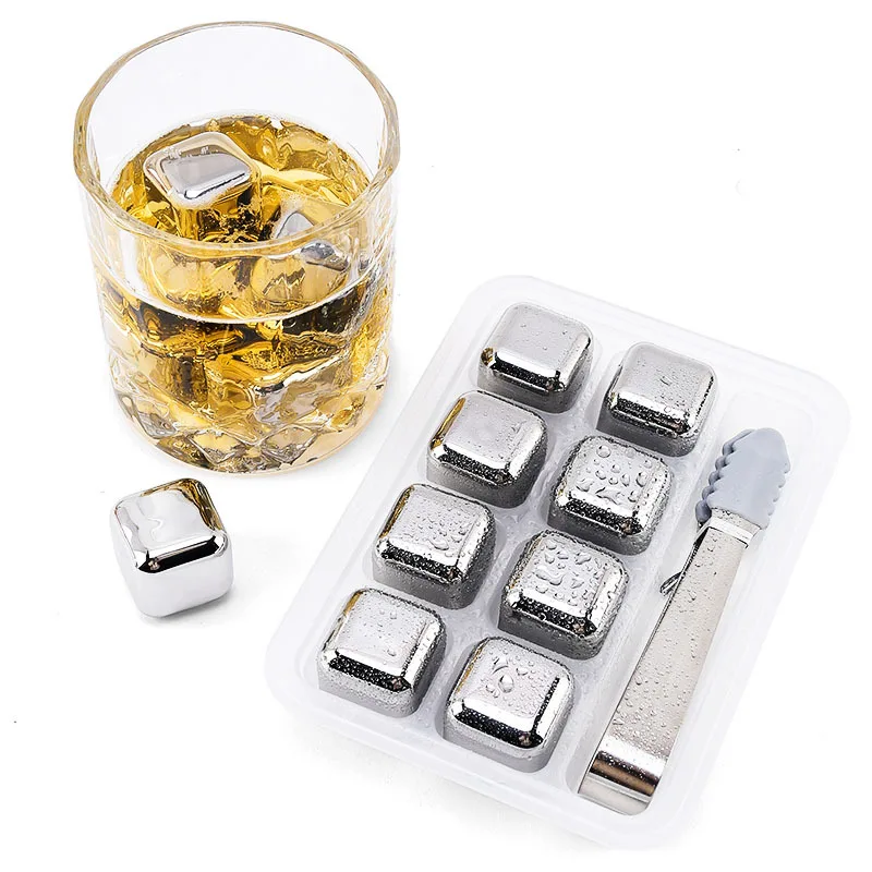 Whiskey Stone Set - 4/6/8個入りステンレス製アイスキューブセット、再利用可能なウイスキー・ワイン冷却用ストーン、ワインクーラーキューブ、冷却ロック、パーティーバーツール