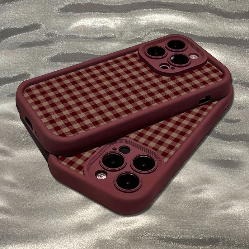Wine & Beer Shop Photos - ワインレッド ヴィンテージ レッドブラウン チェック柄 TPU製 iPhoneケース