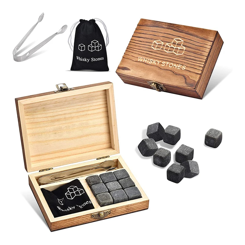 Whiskey Stone Set - ウイスキーストーンギフトセット 9個入り 天然花崗岩ウイスキーチリングストーン 木製ボックス、トング、ベルベットポーチ付き カクテルバー用ギフト