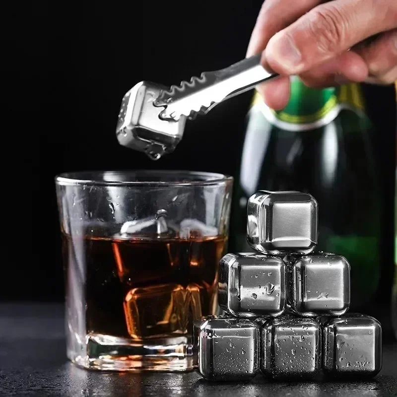 Whiskey Stone Set - 304ステンレス鋼製アイスキューブセット、PP製収納ボックスとアイス tong 付き、再利用可能な急速冷凍ウイスキー冷却ストーン、バーアクセサリー