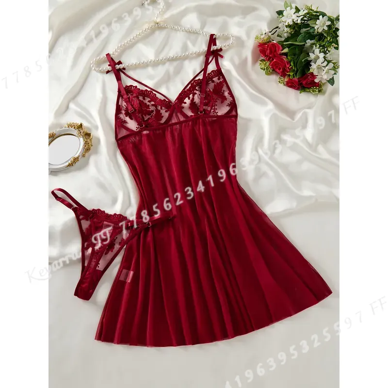 ワインレッドの女性用カントリースタイル麦穂刺繍入り半透明ナイ - Wine & Beer Shop Photos のレビューと価格